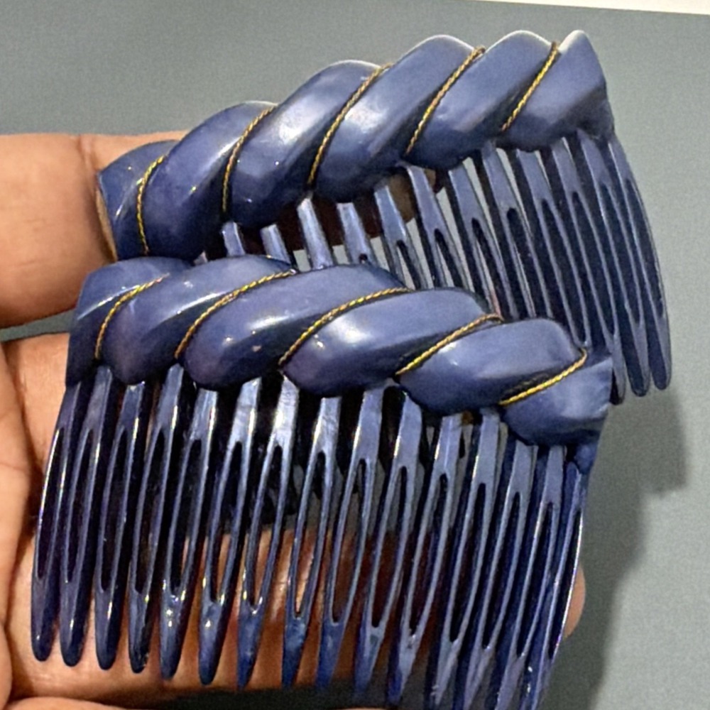 Alexandre De Paris Set Of Two Blue and Gold Tone Wire Accent Hair Combs Vintage